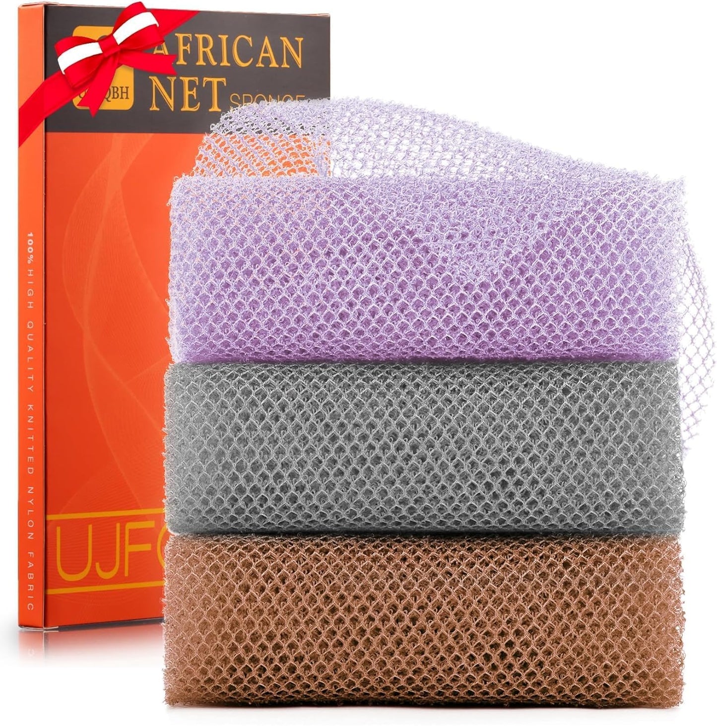 3-Piece African Net Bath Sponge Set | Exfoliating Shower Scrubber | Black, Blue, Brown