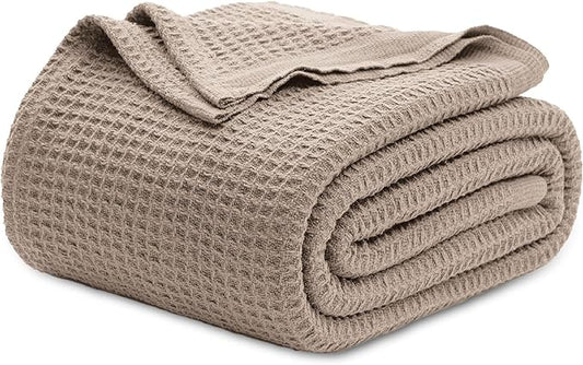 Bedsure 100% Cotton Blanket Queen Size for Bed - Breathable and Soft, Waffle Weave Blanket for Summer Spring, Tan, 90x90 Inches