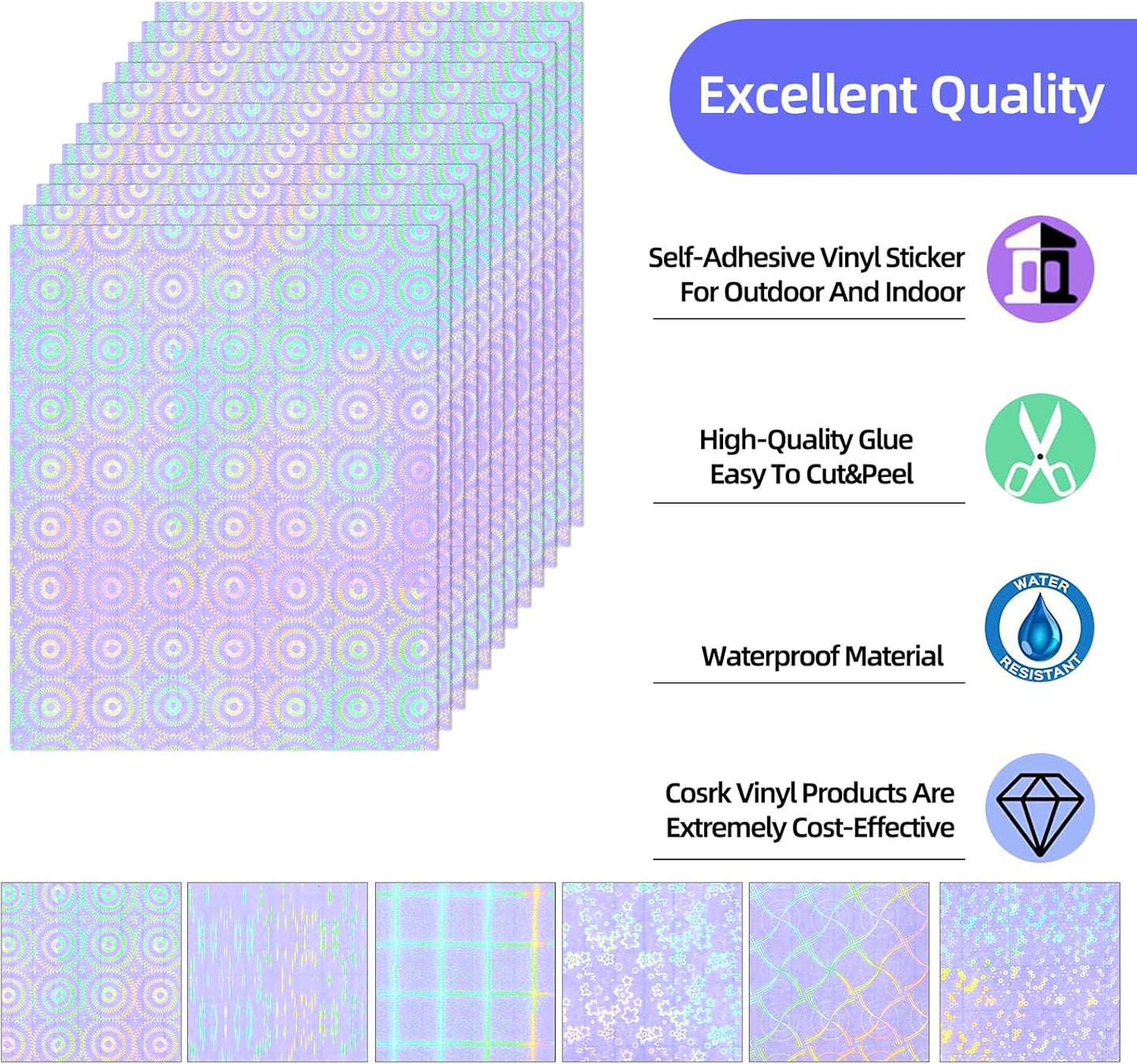 36 Sheets Holographic Sticker Paper, Clear Vinyl Laminate Film for Stickers Self-Adhesive, Transparent Overlay Lamination Sticker Paper Waterproof, 6 Patterns-8.5x11 Inch
