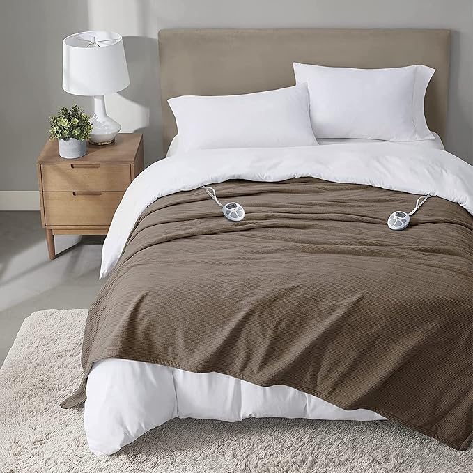 Serta Travis Fleece Ultra Soft Tri-Rib Textured Electric Blanket, Cozy and Snuggly Cover Fast Heating for Cold Weather, Auto Shut Off, Multi Heat Setting Controller, Queen, Stone Brown