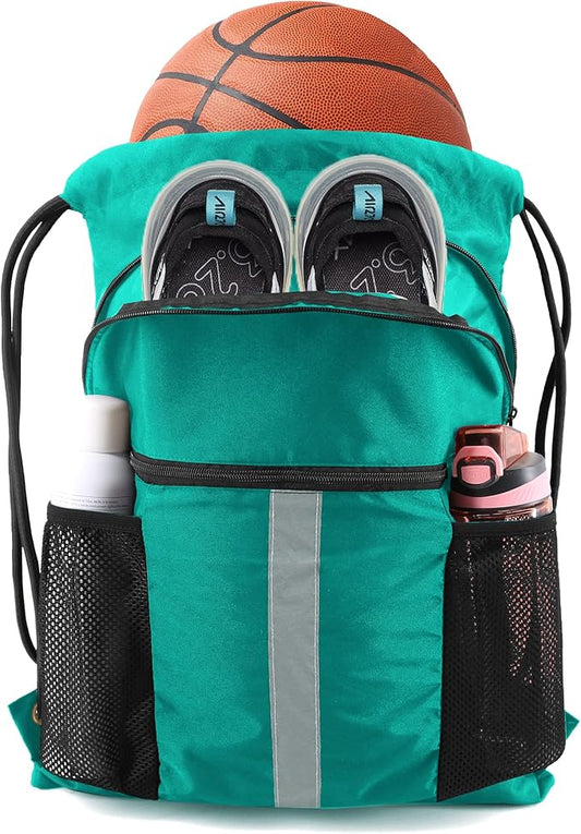 BeeGreen Drawstring Backpack Bag with Shoe Compartment, X-Large Black Gym Sports String Cinch Backpack