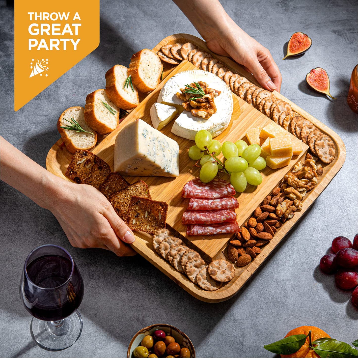 Charcuterie Boards Gift Set by Bambüsi - Large Bamboo Cheese Board for Serving, Entertaining, Cheese Platter for Kitchen, House Warming Gifts New Home, Wedding, Bridal Shower, Birthday Gifts for Women