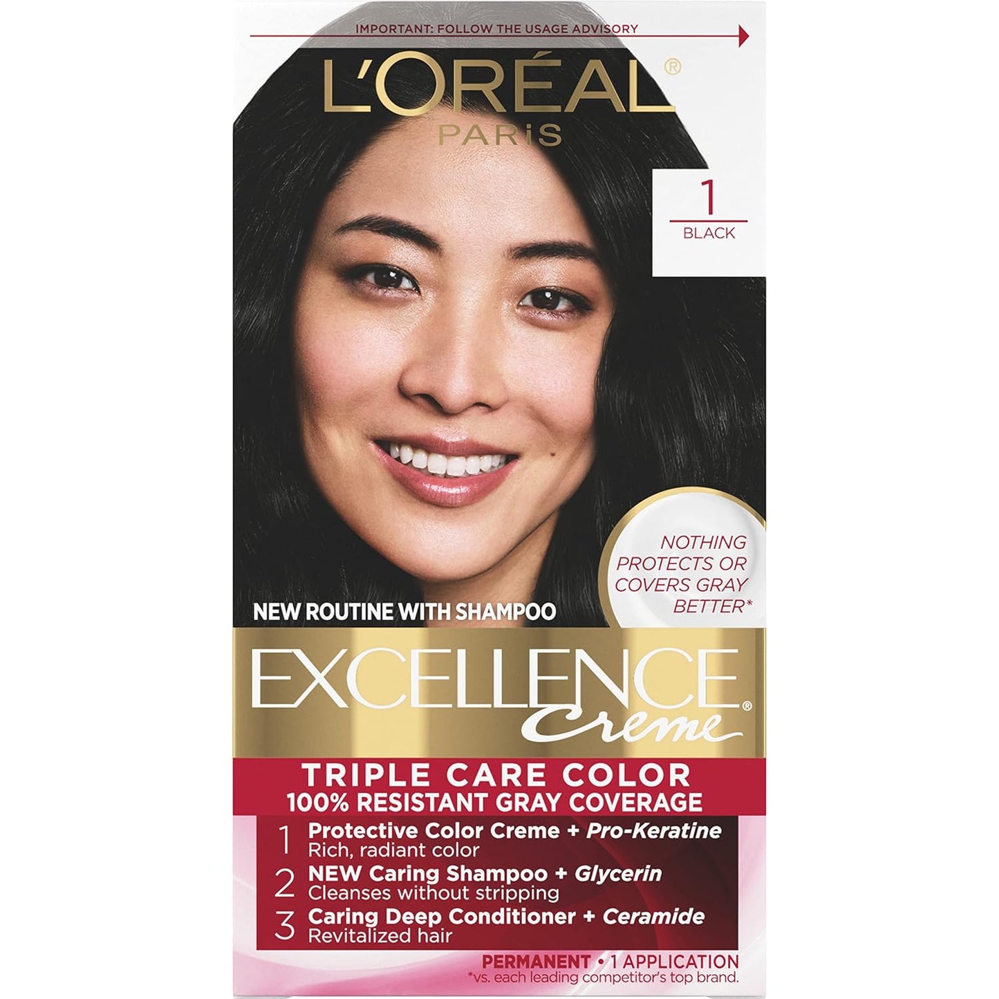 Permanent Hair Color | L'Oreal Paris Excellence Creme | 1 Black | 8-Week Gray Coverage