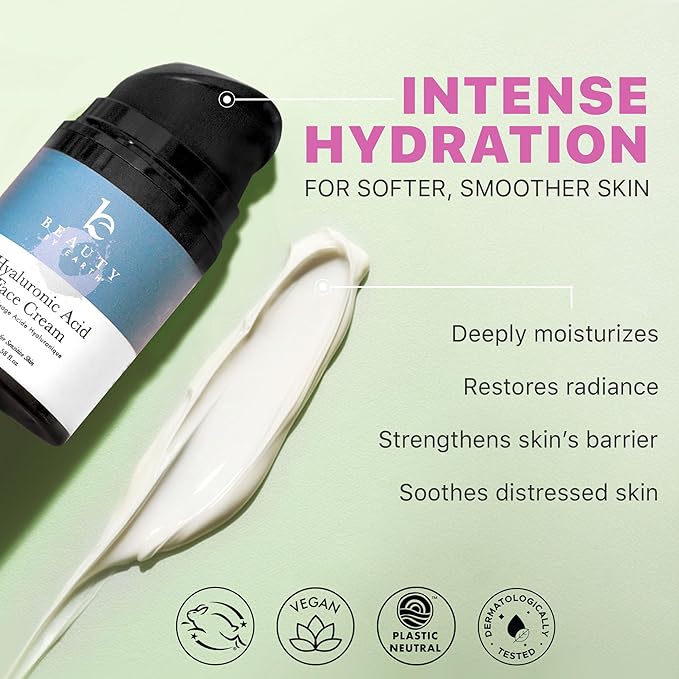 Hyaluronic Acid Moisturizer for Face - USA Made with Organic & Natural Ingredients, Hydrating Anti Aging Face Moisturizer for Dry Skin with Glycerin & Vitamin E, Unscented Anti Wrinkle Cream