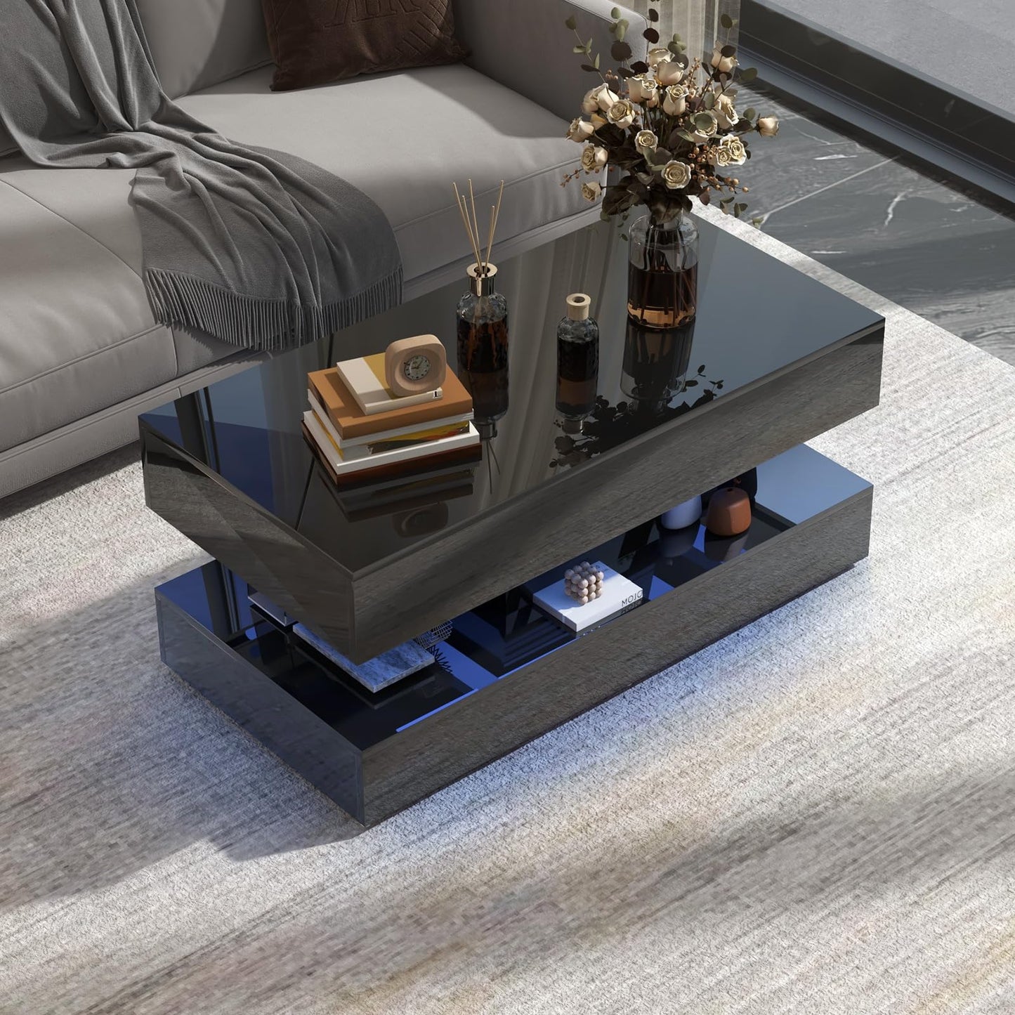 OC Orange-Casual LED Coffee Table with Storage, High Glossy Center Table with 2 Sliding Drawers, Modern Stylish Rectangle Coffee Table Double Layer with Open Display Shelf for Living Room (Black)