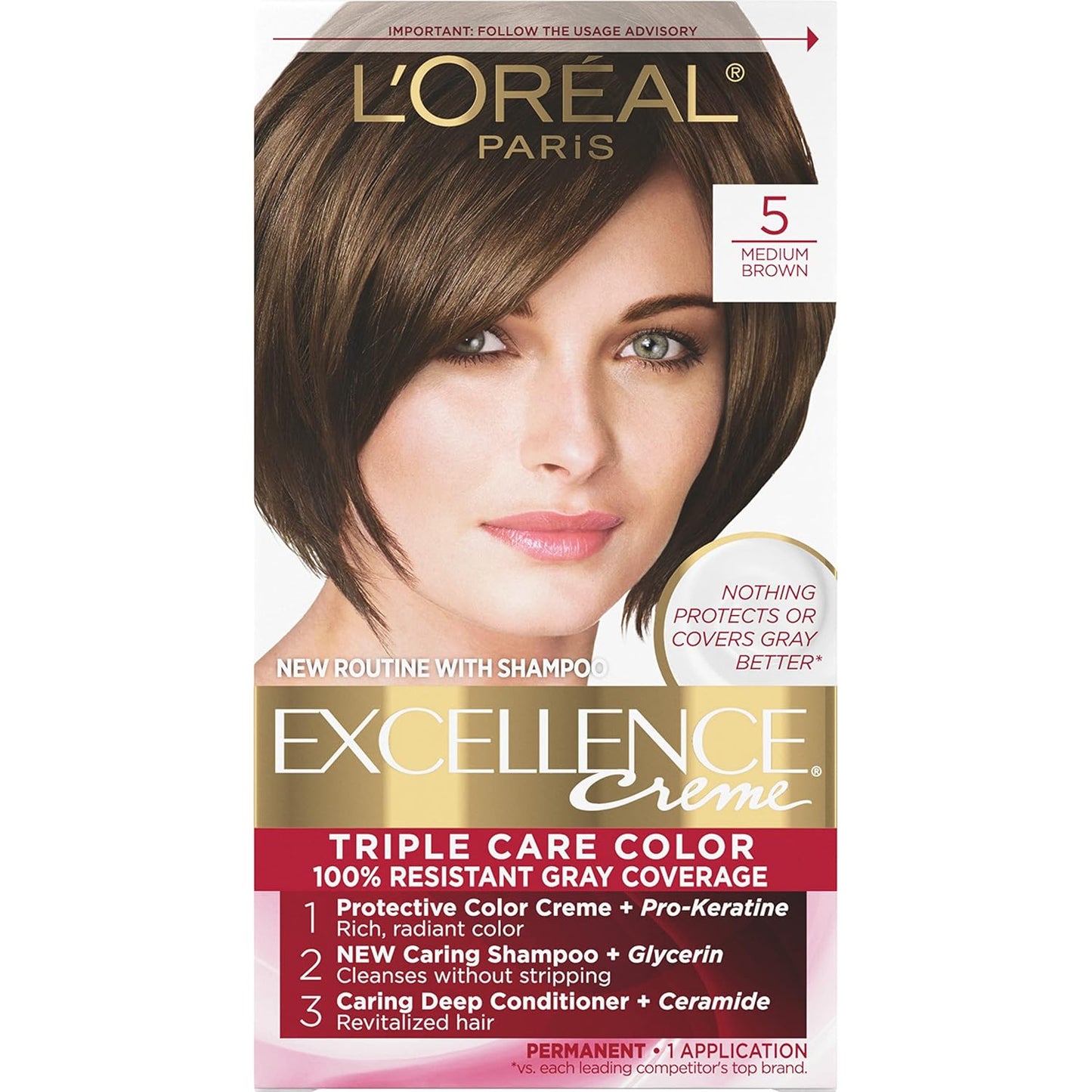 L'Oreal Paris Excellence Crème Hair Color | 5 Medium Brown | 100% Gray Coverage | Pack of 3