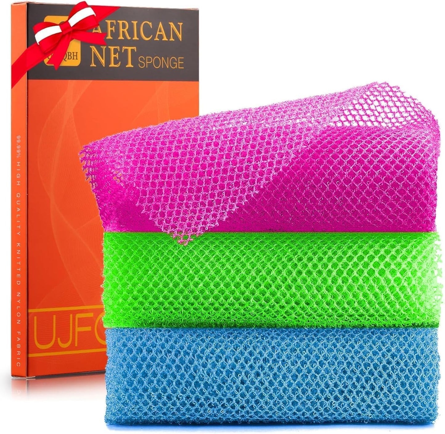 3-Piece African Net Bath Sponge Set | Exfoliating Body Scrubber | Black, Blue, Brown