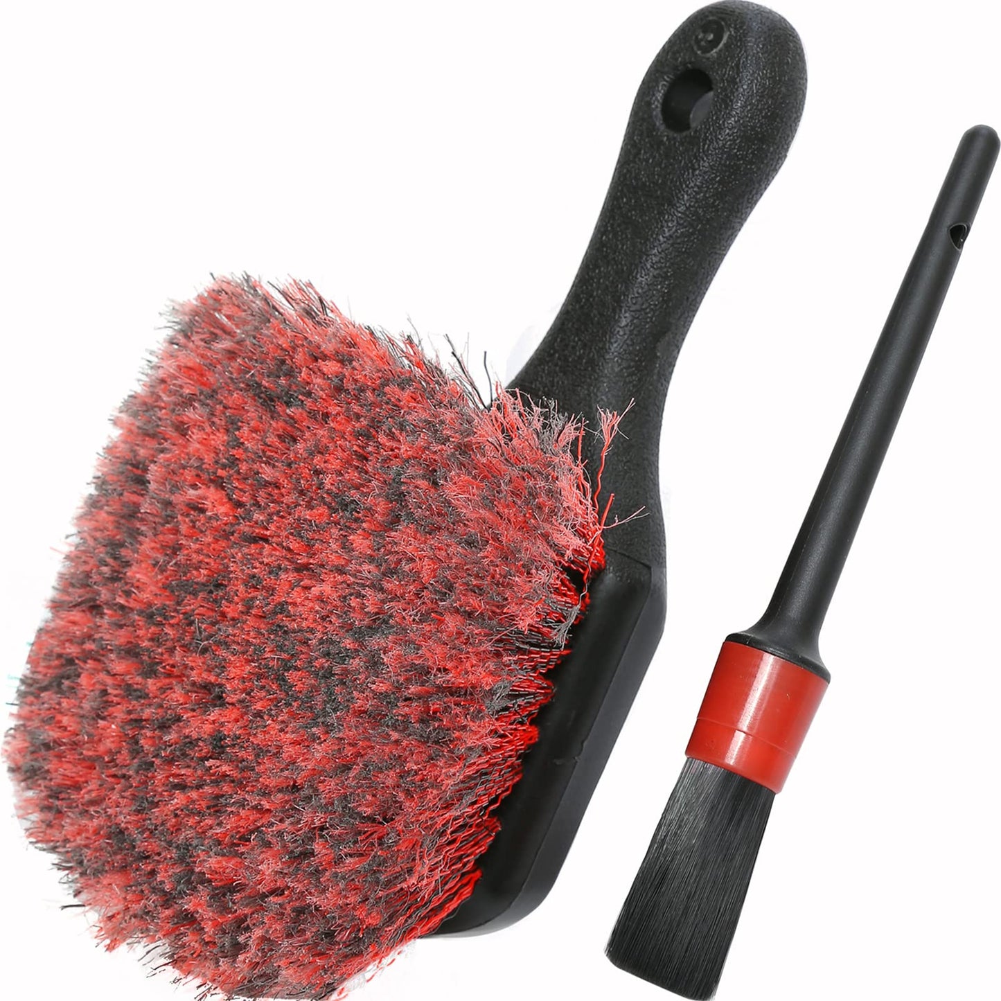 TAKAVU Stiff Bristle Tire Brush & Detail Brush Set - Heavy Duty Car Wash Brush for Tires, Wheel Wells, Floor Mats + Soft Detail Brush for Interior