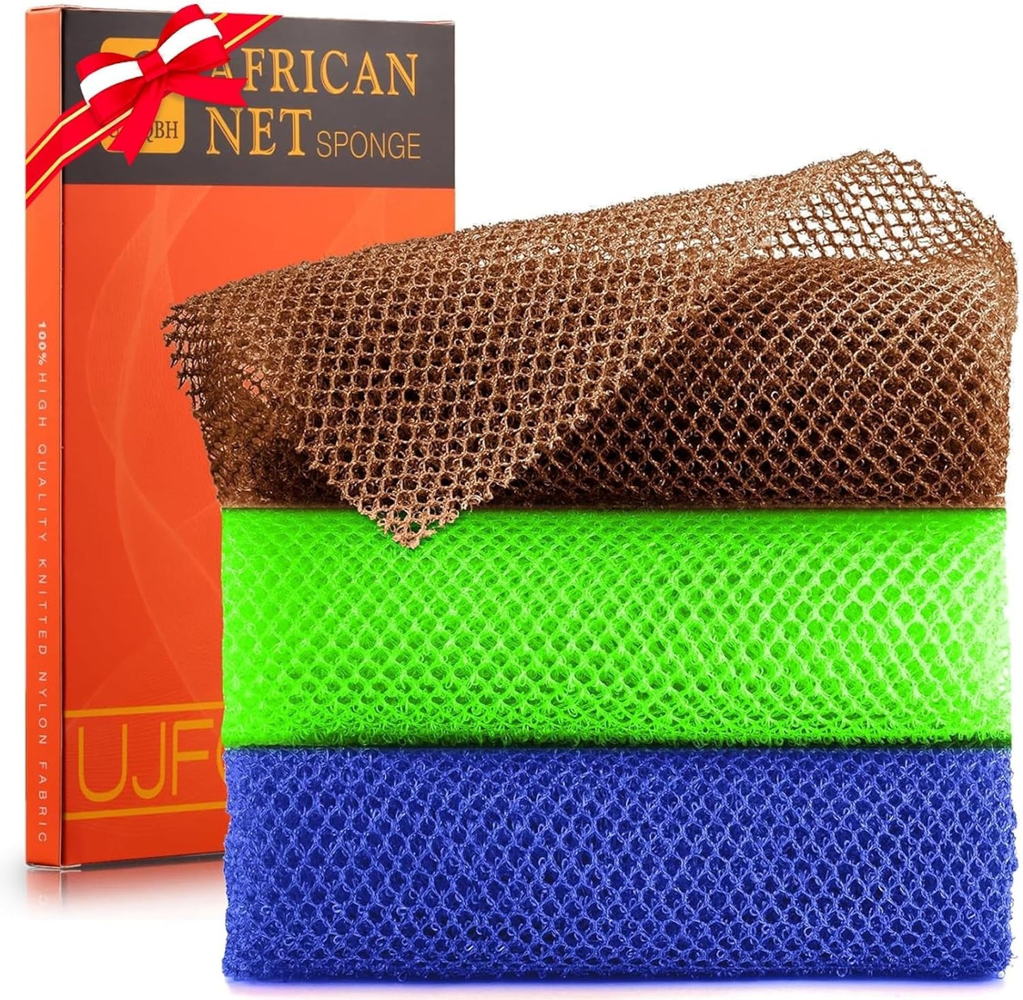 3-Piece African Net Bath Sponge Set | Exfoliating Shower Scrubber | Black, Blue, Brown