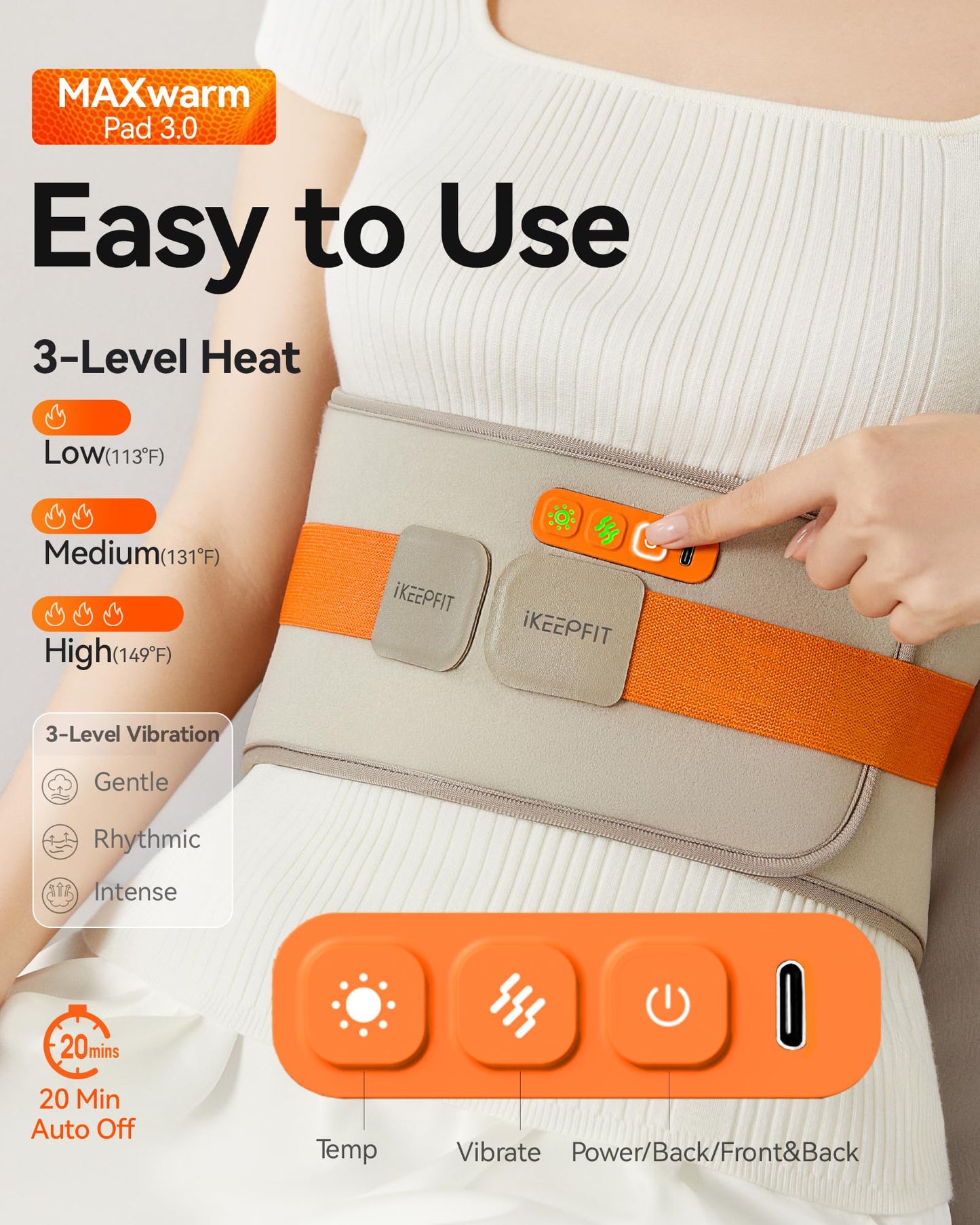Portable Heating Pad with Massager for Back Pain Relief: MAXwarm® 3.0, IKEEPFIT® Electric Cordless Heat Pad for Period Cramps, Extra Large 65", 8000mAh Battery, Gift for Women Men(Beige)