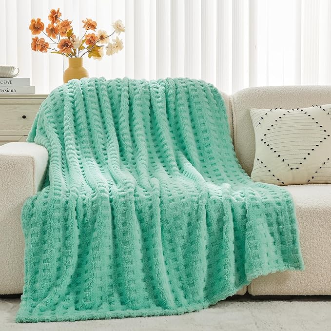 NEWCOSPLAY Super Soft Throw Blanket Aqua Premium Silky Flannel Fleece 3D Waffle Checkered Lightweight Bed Blanket All Season Use (Aqua, Throw(50"x70"))