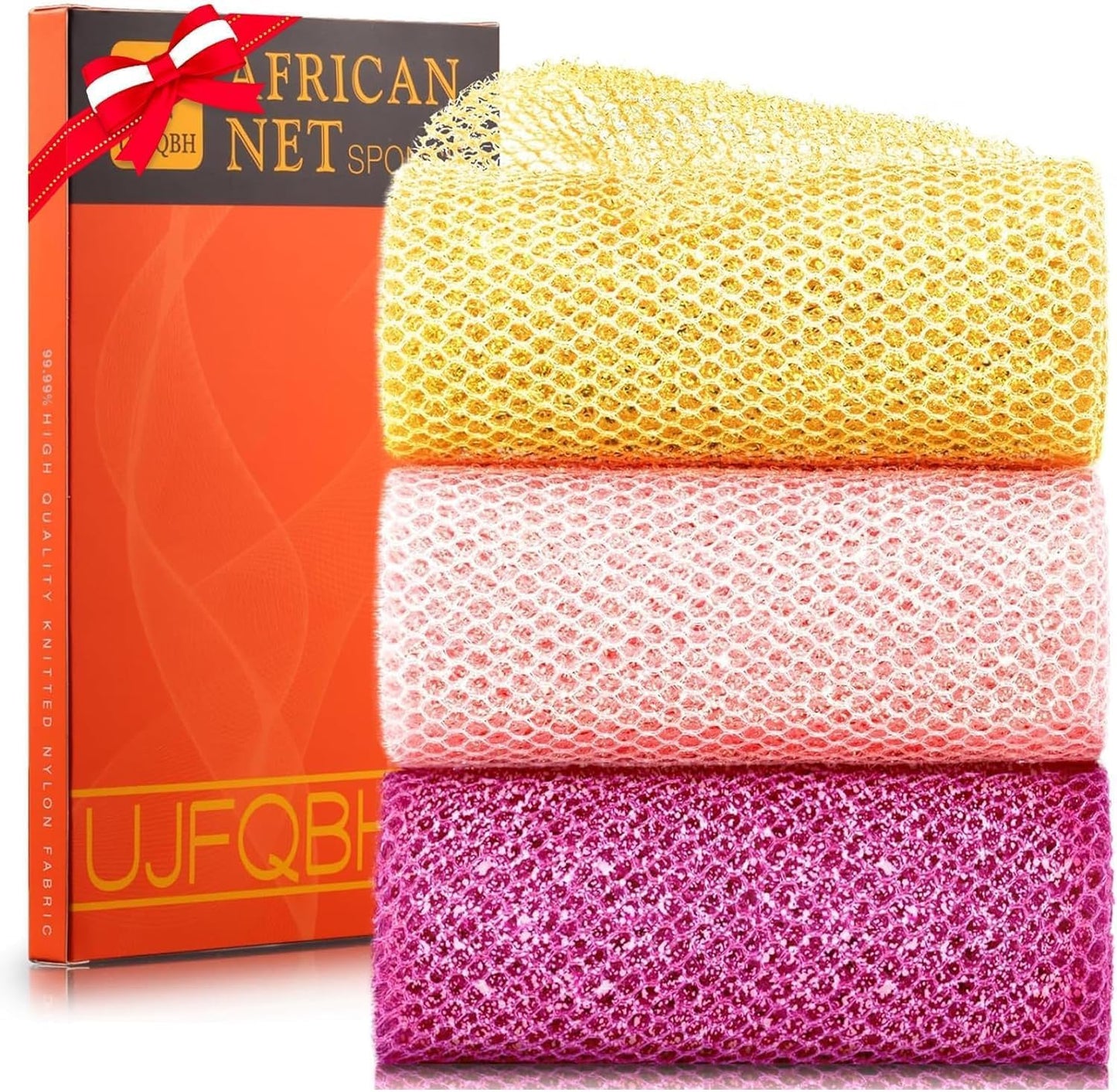 3-Piece African Net Bath Sponge Set | Exfoliating Shower Scrubber | Black, Blue, Brown