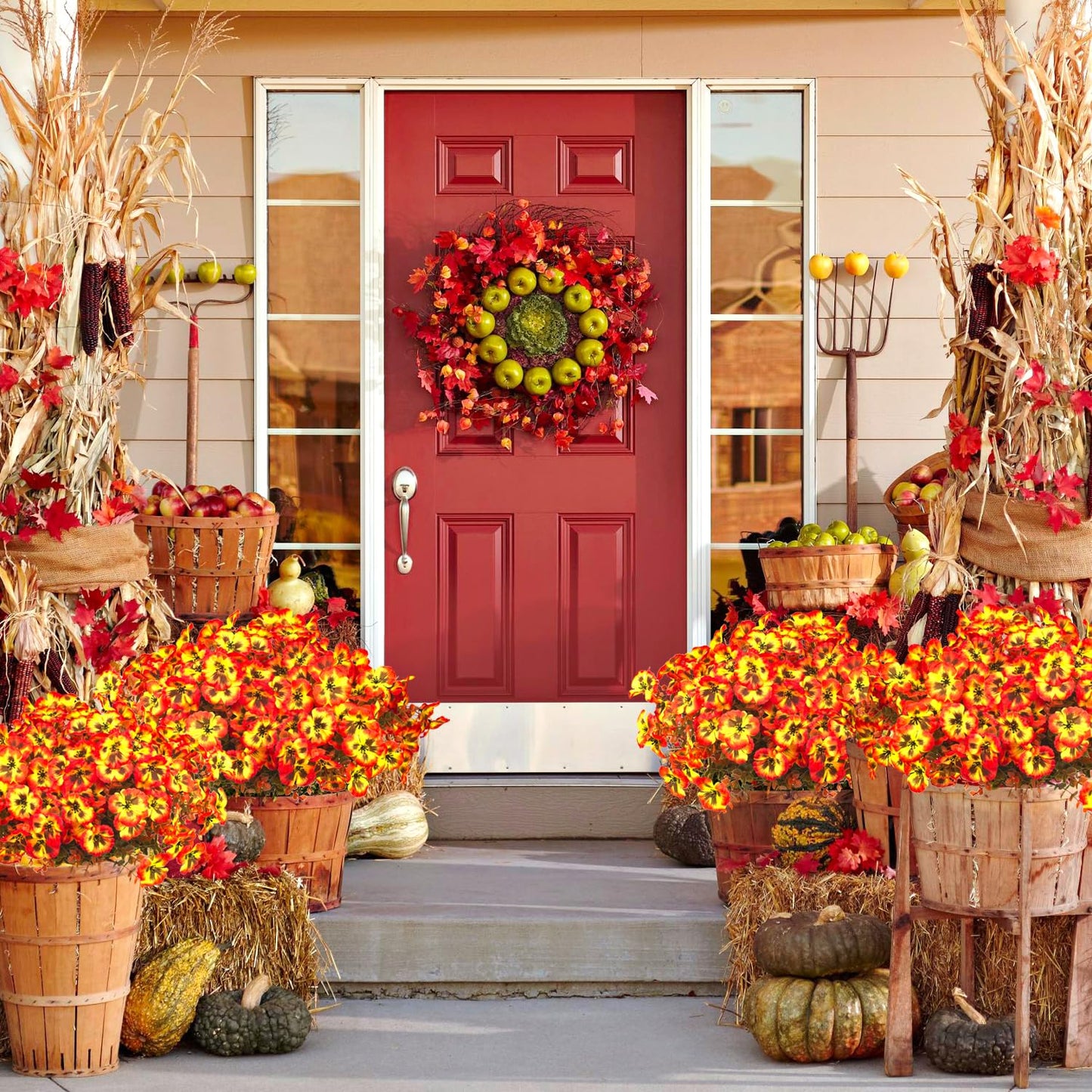 Grunyia 12 Bundles Artificial Flowers Outdoor Fake Fall Flowers for Outside Decoration UV Resistant Plastic Faux Plants for Garden Window Porch Balcony Fall Wedding Thanksgiving Decor