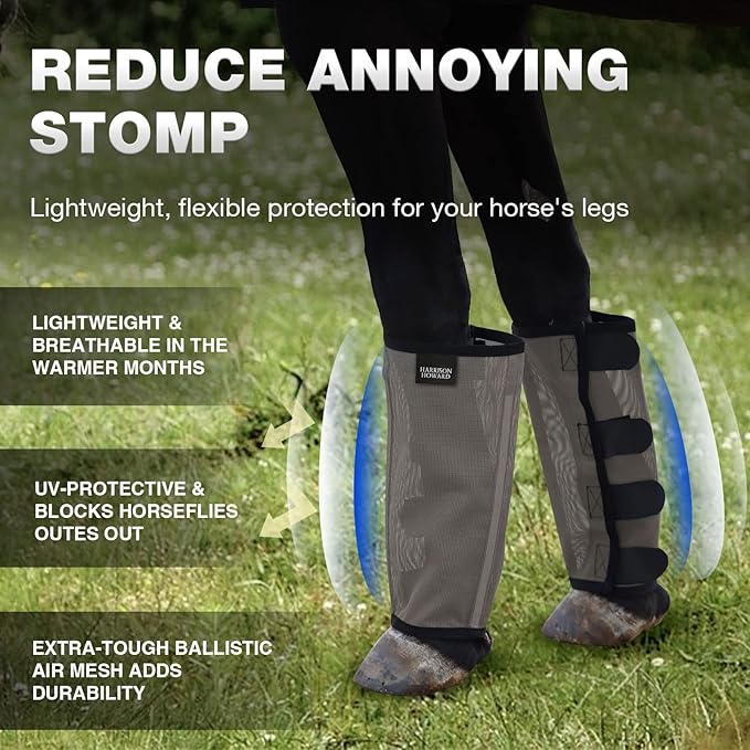 Harrison Howard Loose Fitting Fly Boots UV-Protective Extra Tough Mesh Ventilated Four Fasteners Stay-on Design Protect Horse Legs & Stomp-Reducing Set of 4 Dark Grey Mini