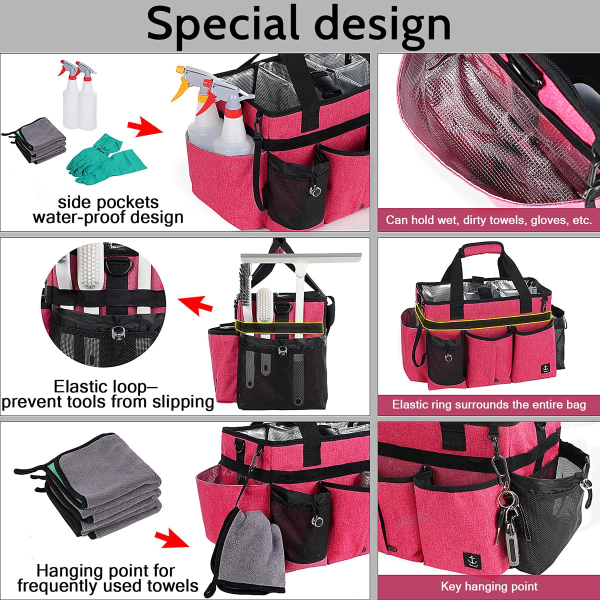 Timoxi Large Cleaning Caddy Bag Built-in Sturdy Support Board, Cleaning Organizer with Detachable Divider, Cleaning Supply Tote with Adjustable Shoulder Strap&Waist belt for Cleaners & Housekeeper