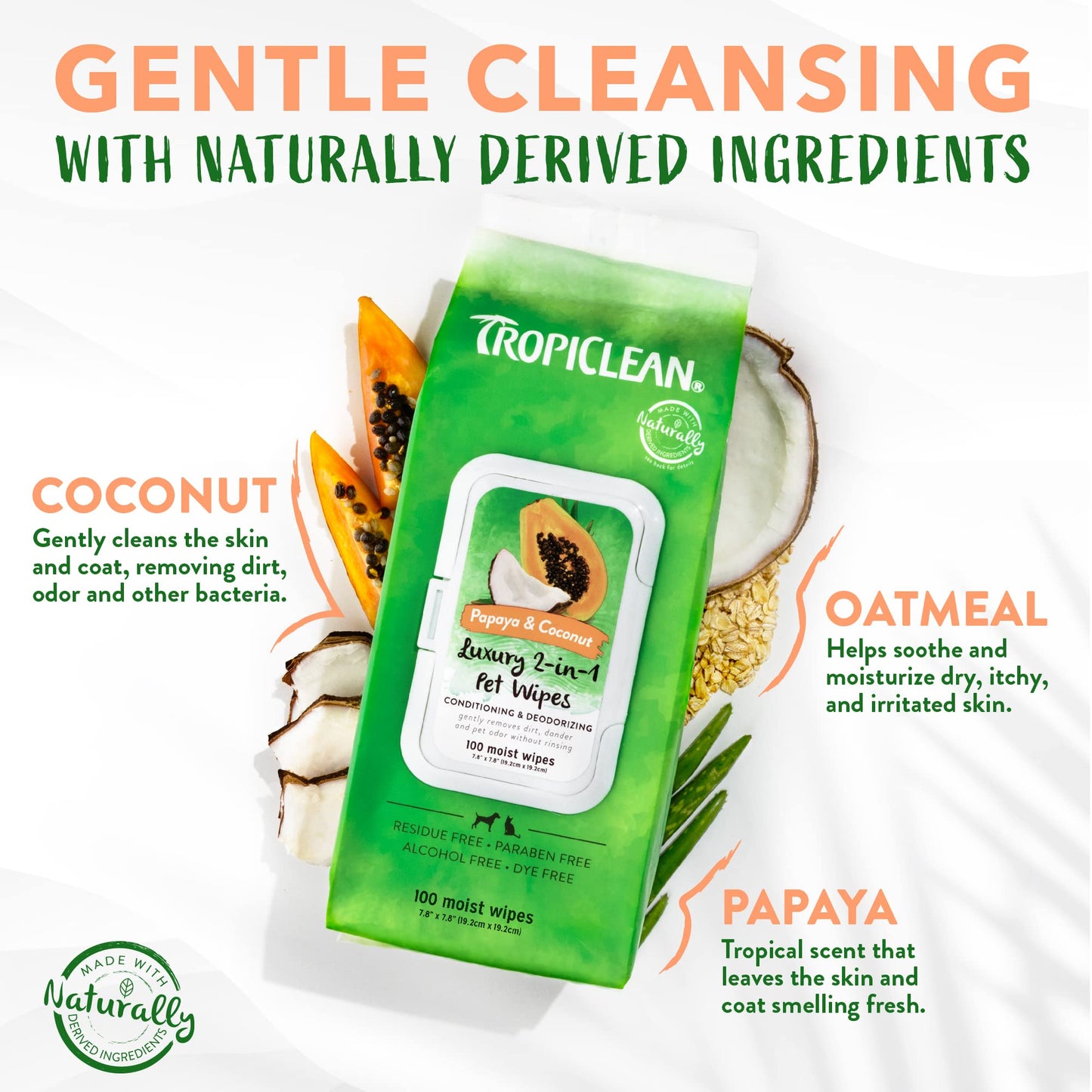 TropiClean Dog Wipes for Paws, Butt, Face, and Body, Anytime Cleaning and Deodorizing Pet Wipes, Safe for Licking, Papaya Scent, Cat Safe, 100ct