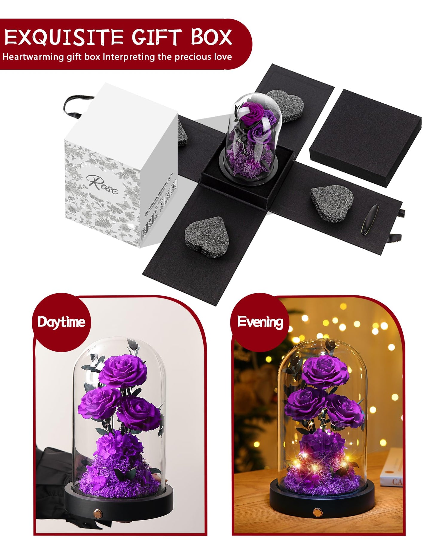 Valentines Day Flowers Roses Gifts for Her,Forever Real Preserved Roses in Glass Dome,Valentines Day Anniversary Birthday Gifts for Wife Girlfriend Women Mom Best Friend Her/Purple Rose