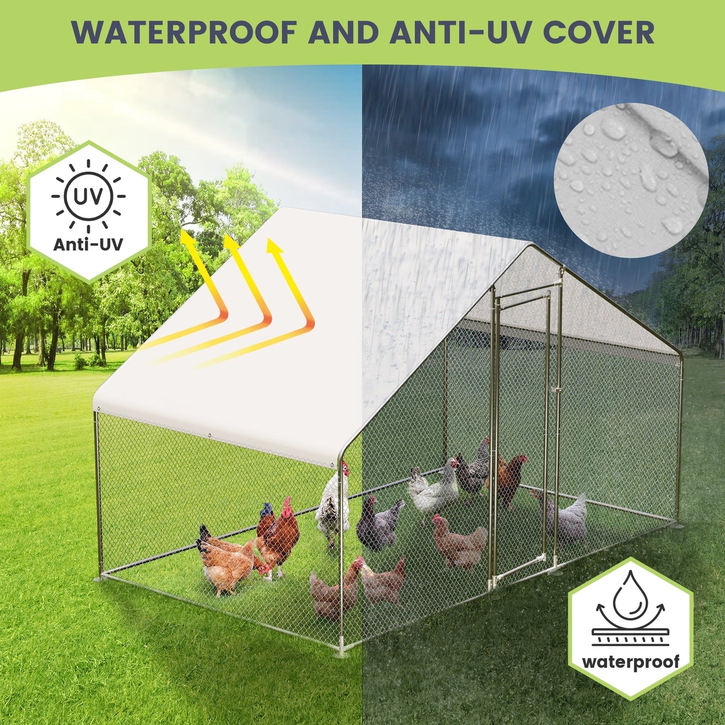 Pinypikaka Large Metal Chicken Coop 9.8'x6.5'x6.5' Walk-in Poultry Cage, Chicken Run Pen House with Waterproof Anti-Ultraviolet Cover for Yard, Outdoor Farm