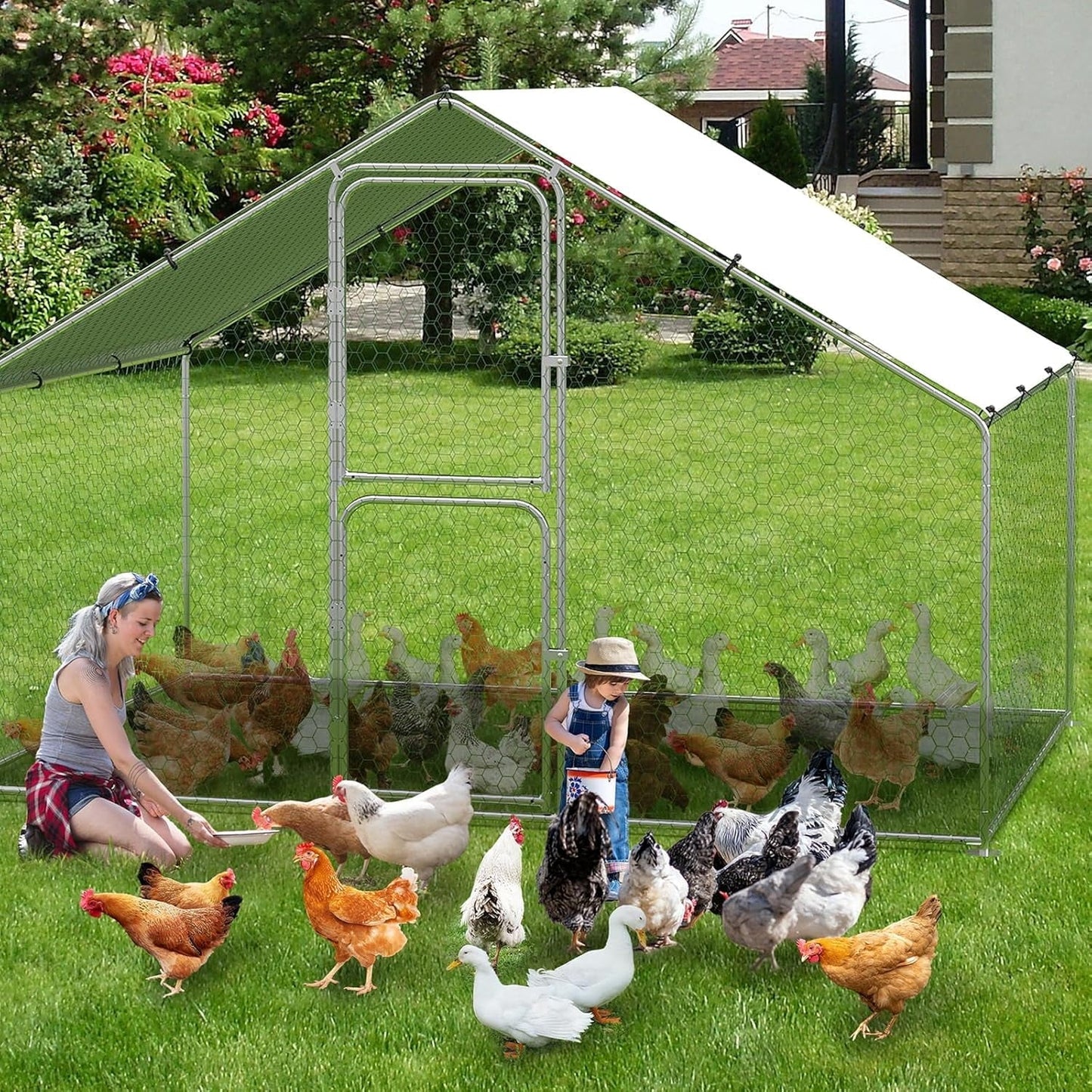 M optimized Large Metal Chicken Coop with Double Door & Waterproof Cover, Walk-in Poultry Cage, Chicken Pen, Outdoor Chicken Run for Backyard Farm, 9.8' W x 6.5' D x 6.5' H