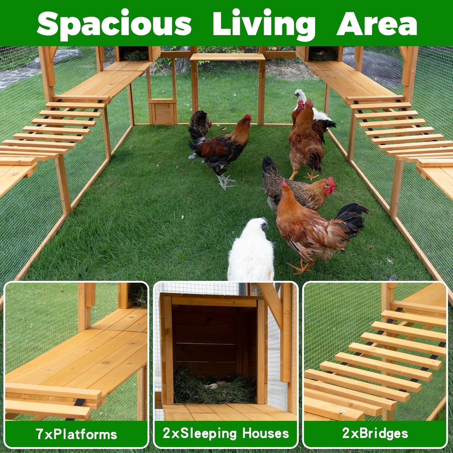 Large Wooden Outdoor Chicken Run, 110" Large Hen Run House, Chicken Coop Upgrade Waterproof Cover