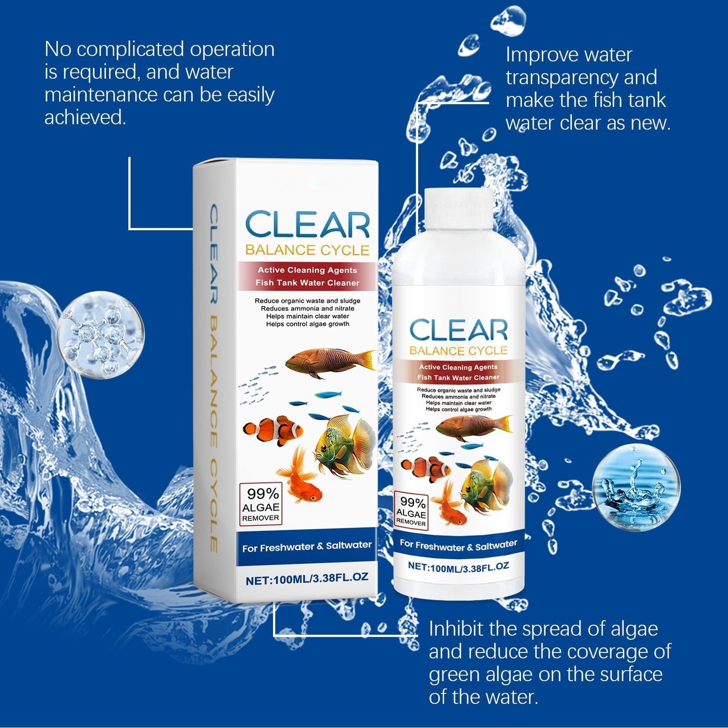 Aquarium Water Clarifier, 3.4 fl oz Liquid to Remove Cloudiness & Sludge, Safe for Freshwater Fish Tanks, Controls Algae & Improves Clarity