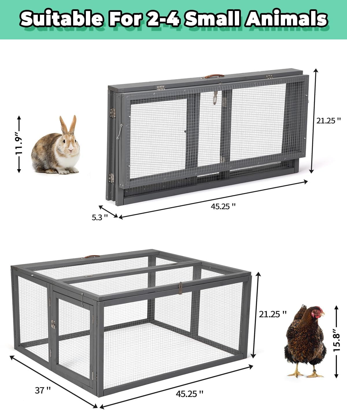 PRZL Chicken Coop Run Rabbit Hutch, Portable Chicken Cage Pens with Top & Side Opening Doors, Folding Wooden Chicken Coop, Outdoor Indoor Small Animal Playpen, Chicken Brooder Box, 45.3Inch (Grey)