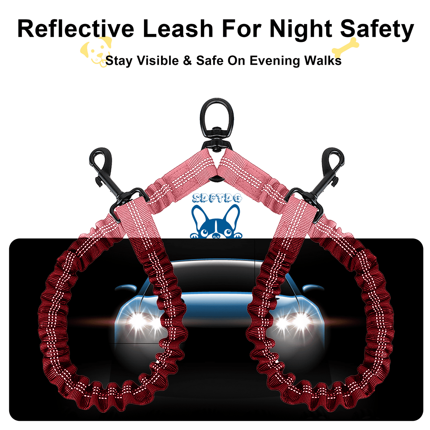 Double Dog Leash for Walking 2 Dogs - Tangle-Free 360° Swivel & Shock-Absorbing Bungee(Pink)