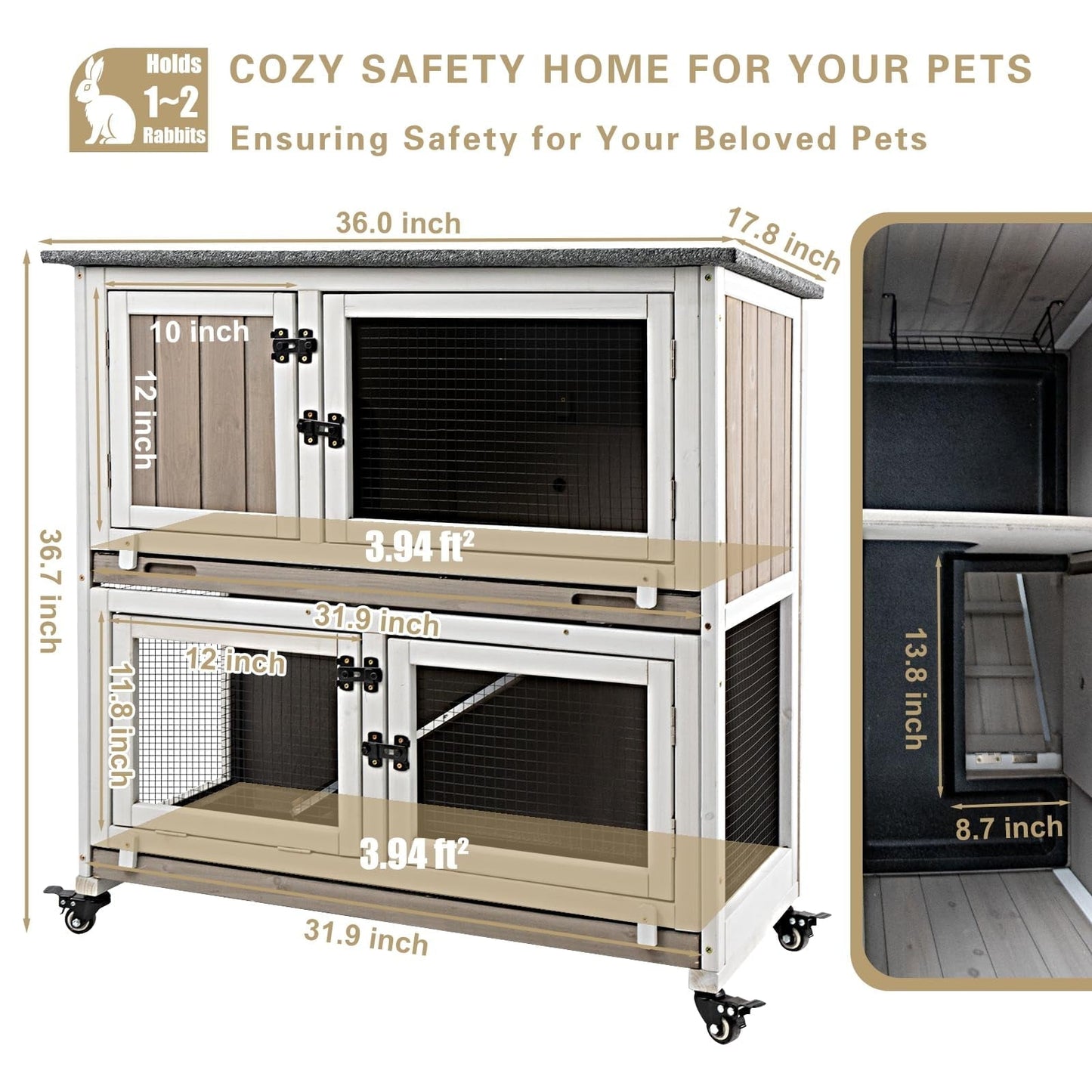 Gowoodhut Rabbit Hutch Indoor Wooden 2 Story Bunny Hutch Rabbit Cage with Wheels for Small Animals