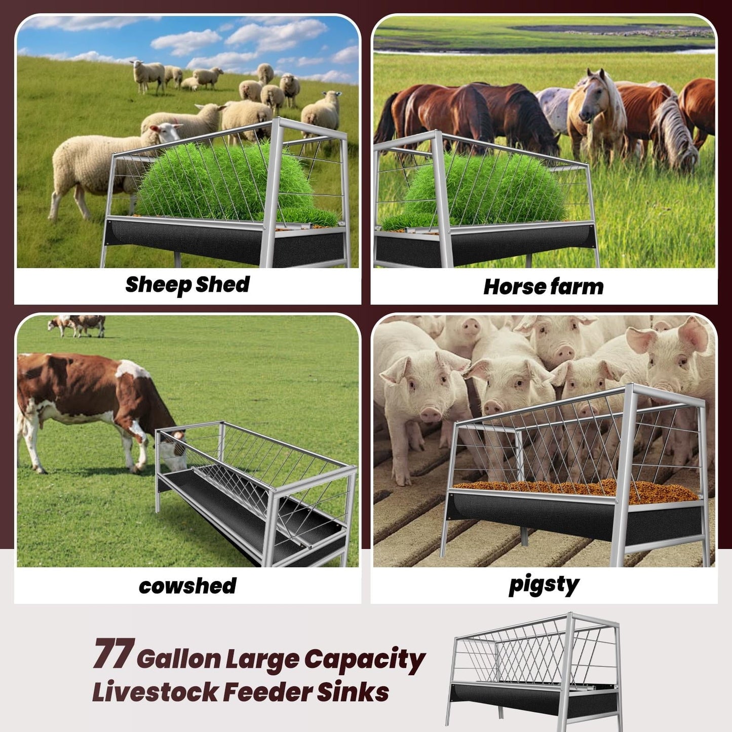 2 in 1 Goat Hay Feeder - 77 Gallon Stainless Steel with Rubber Grooves Livestock Feeder for Goats, Sheep & Horses - Durable Farm Animal Feeding Solution with Large Capacity & Rust-Resistant Design