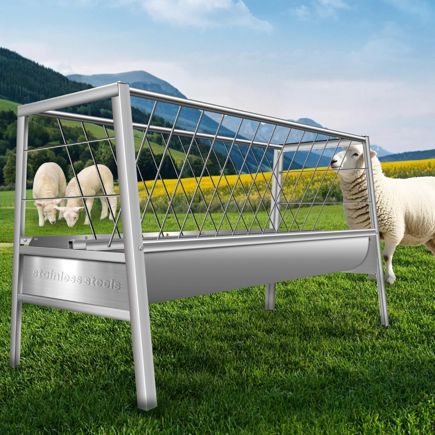 77 Gallon Rust Resistant Goat Hay Feeder, 2 in 1 Livestock Feeder , Goat Feeder for Sheep, Horses, Multi-Animal Use