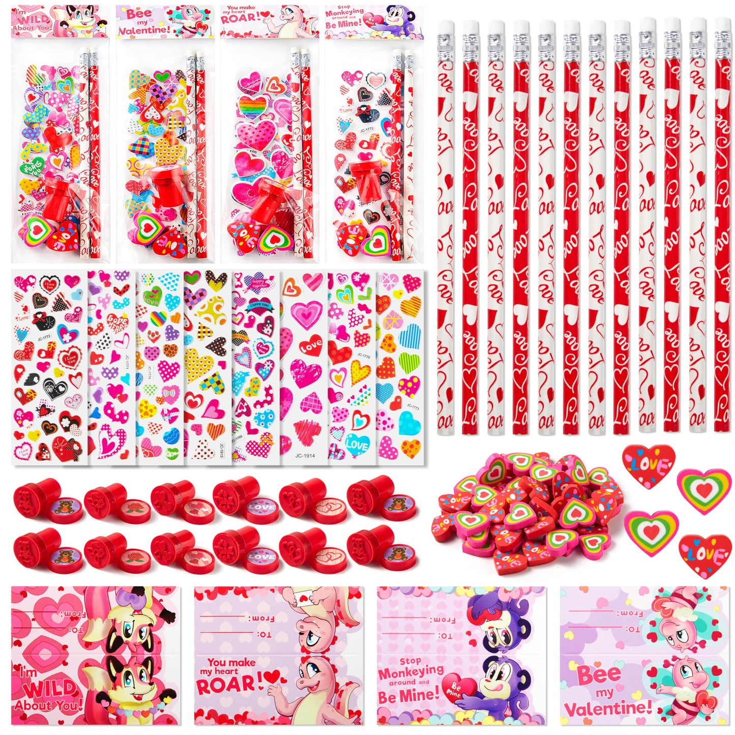 JOYIN 24packs Valentines Day Stationery Gifts, 96pcs Party Favor with Pencil, Erasers, Notebook & Bags for Kids School Classroom Exchange Supplies