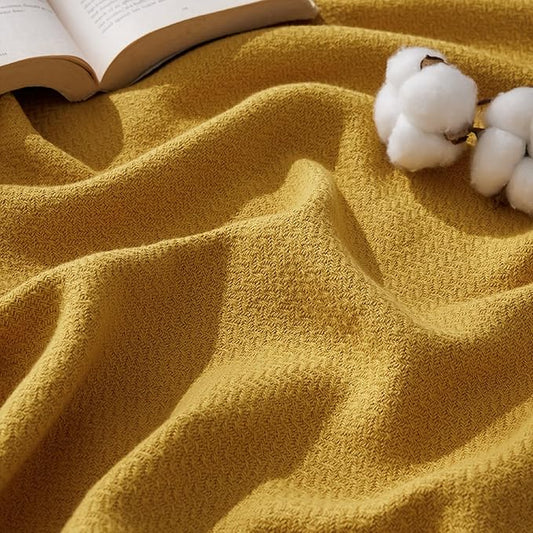 Bedsure 100% Cotton Blanket Twin XL Size for Bed - Breathable and Lightweight, Soft Cozy Textured Herringbone Woven Blanket for Summer Spring, Yellow, 66x90 inches