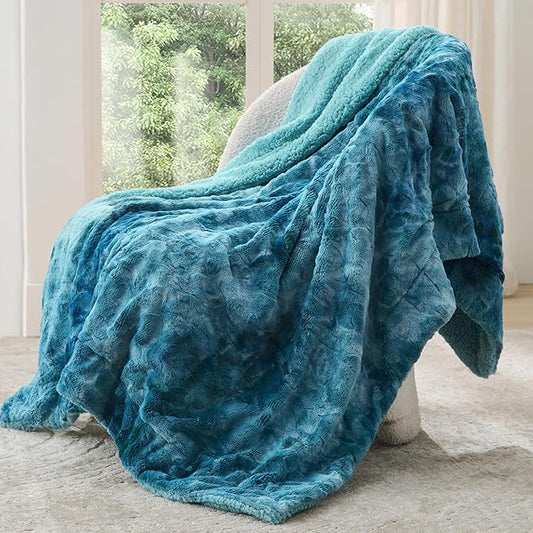 Bedsure Sherpa Blanket Twin Size - Soft, Fuzzy & Fluffy Faux Fur - Warm, Cozy Blanket for Couch, Sofa and Bed, Tie Dye Design, Teal, 60x80 Inches