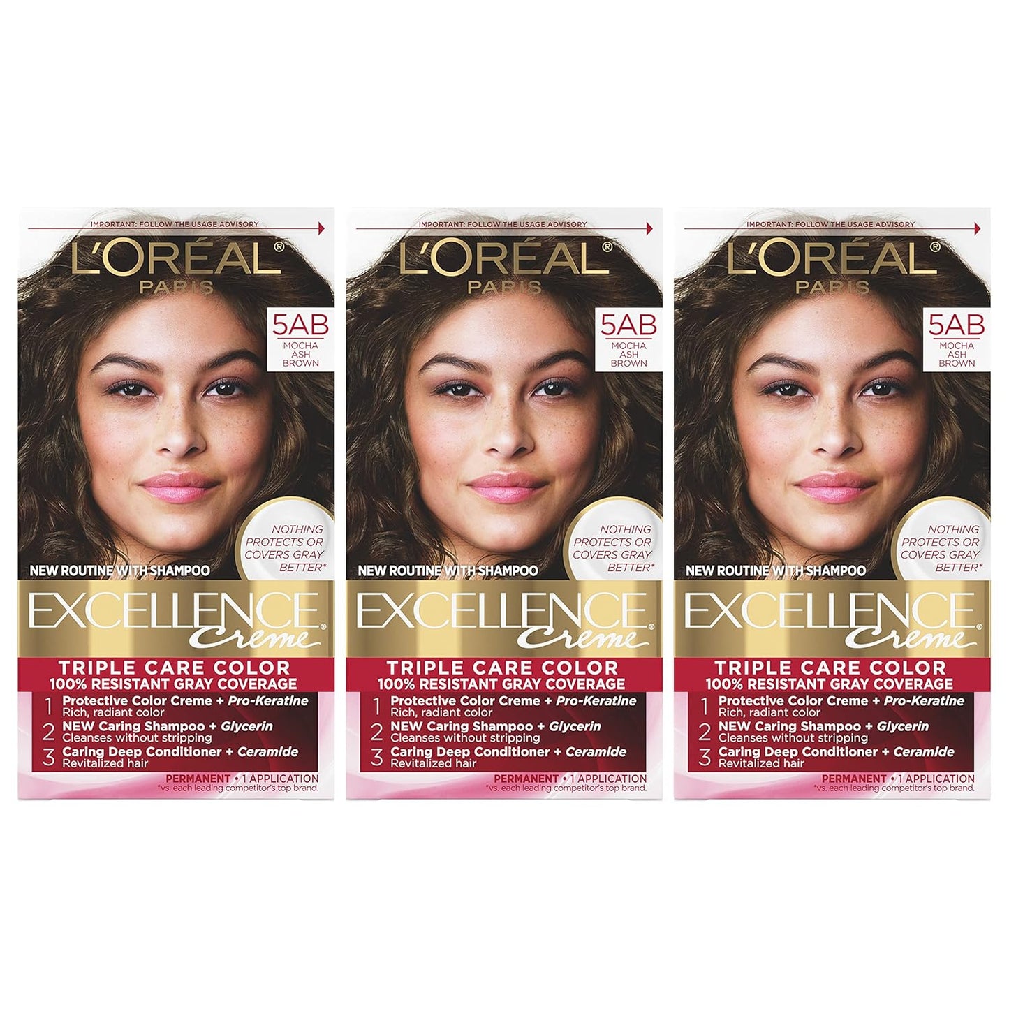 L'Oreal Paris Excellence Crème Hair Color | 5 Medium Brown | 100% Gray Coverage | Pack of 3
