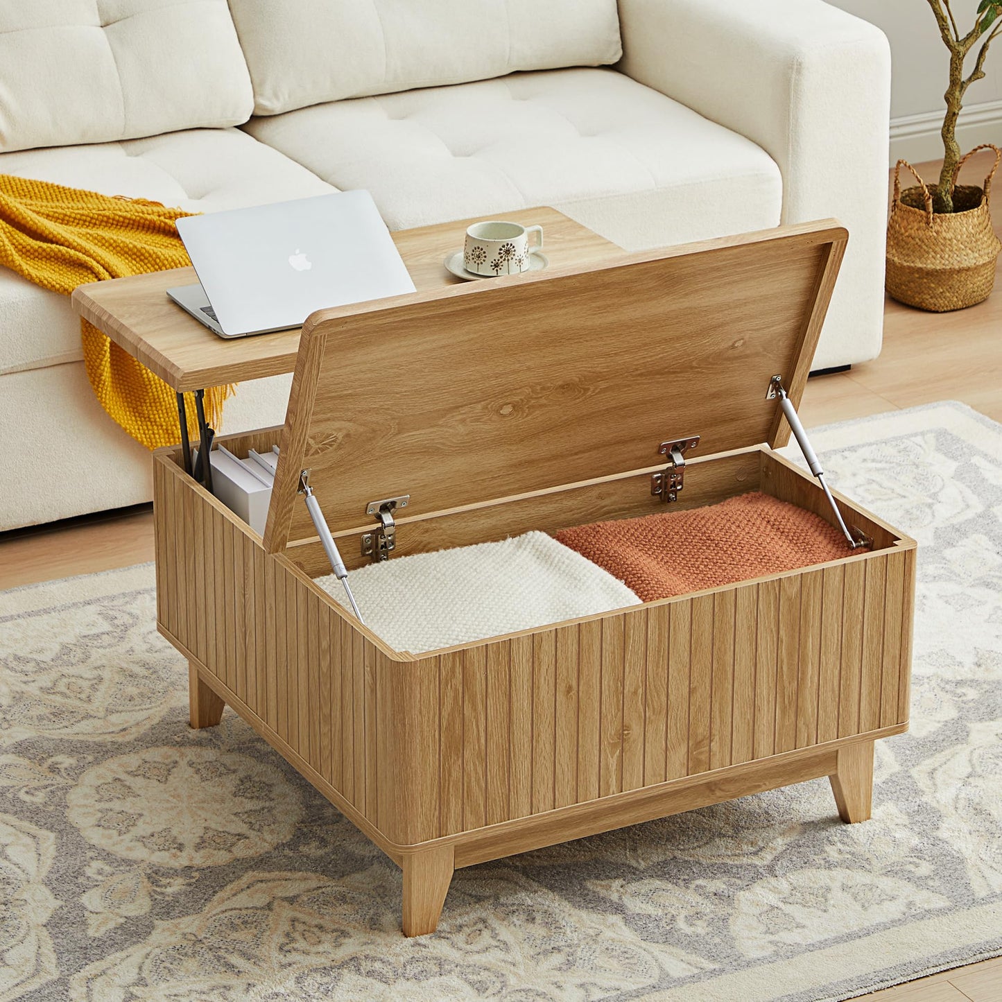 NVETHM Lift Top Coffee Table, Square Coffee Table with Hidden Storage Compartment, Farmhouse Wood Center Table Dining Table for Living Room, Bedroom, Home Office (Natural)
