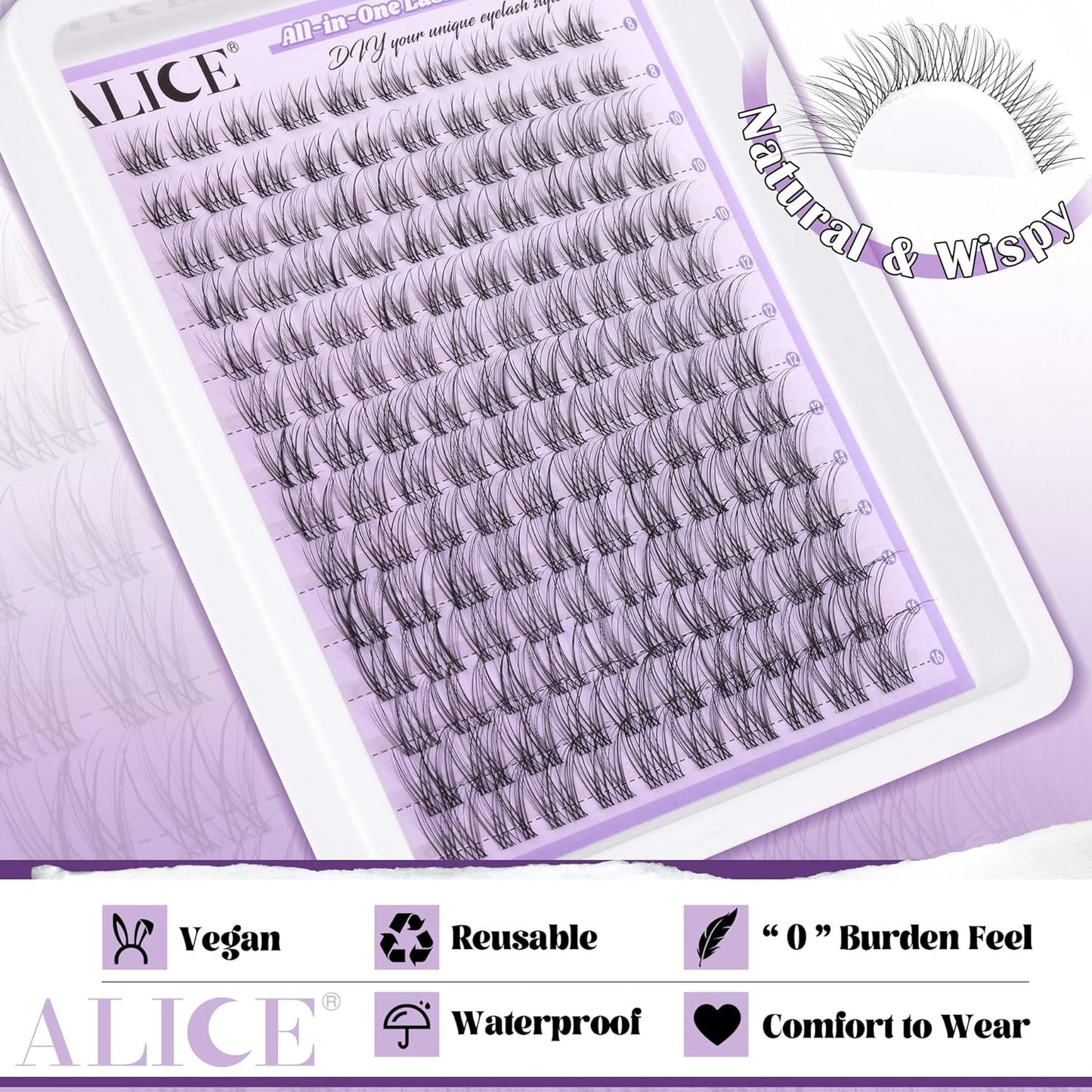 ALICE Wispy Cluster Eyelash Extensions | 192pcs Natural Individual Lashes | DIY 10-18mm