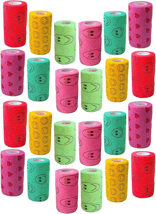 3 Inch Vet Wrap Tape Bulk (Smile Pattern in Yellow, Red, Teal, Neon Green, Neon Pink and Pink with Red Heart Pattern) (Pack of 24) Self Adhesive Adherent Adhering Flex Bandage Grip Roll Dog Cat