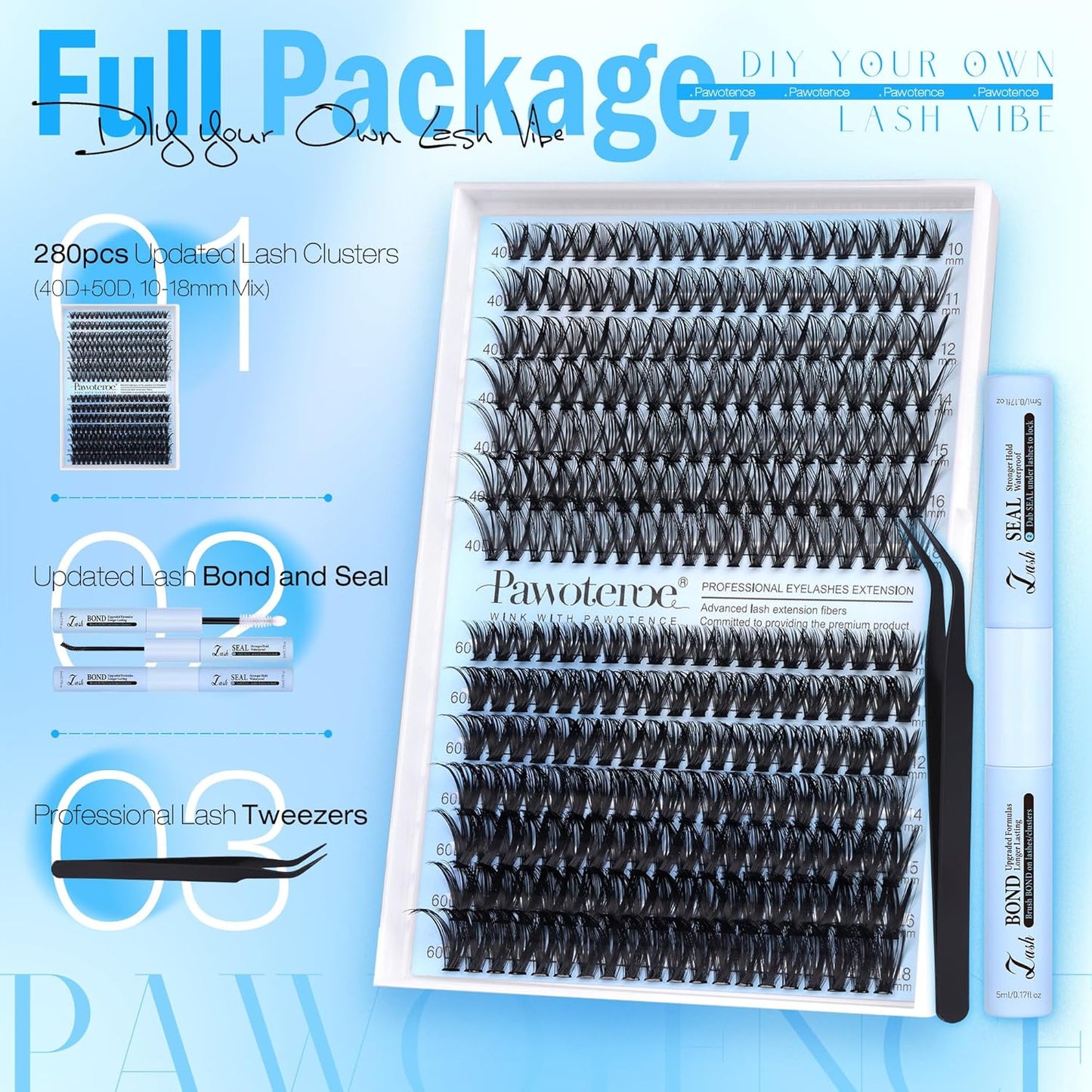 DIY Lash Extension Kit | 50D Individual Lash Clusters 9-16mm | Bond & Seal Included