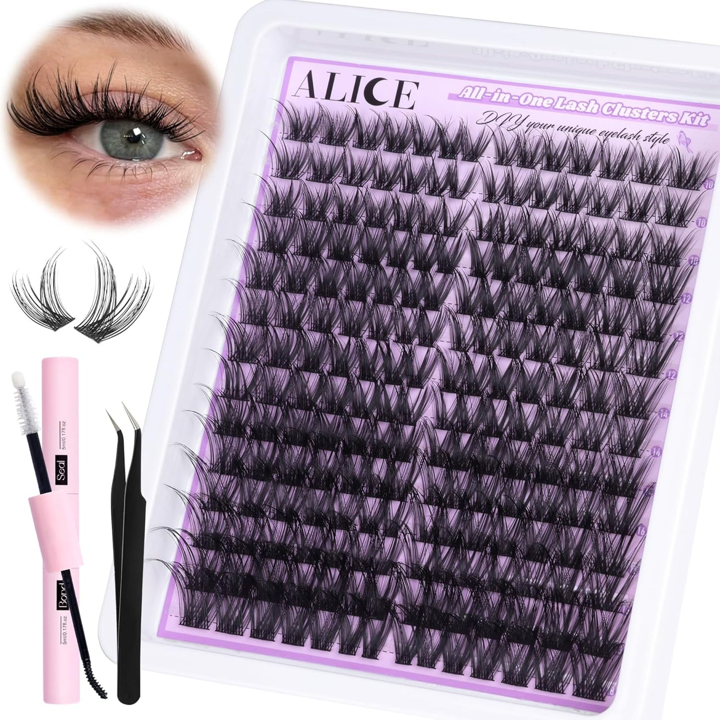 ALICE DIY Eyelash Extension Kit | 196pcs Natural Wispy Clusters | 10-18mm