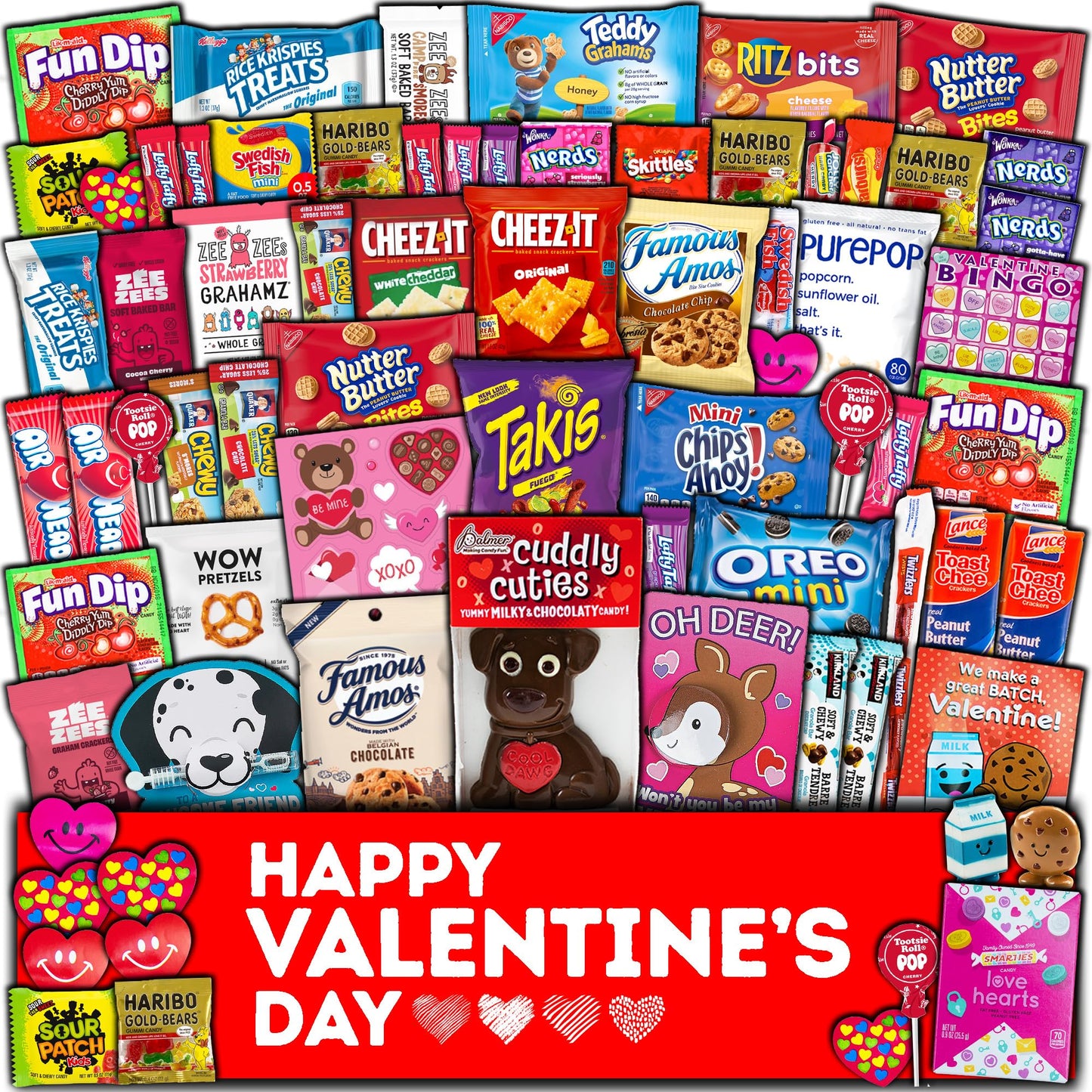 Valentine's Day Gift Care Package (50ct) Snacks Chocolates Candy Box Assortment Variety Bundle Present Kids Adults Boy Girl Guy Friend College Husband Wife Boyfriend Girlfriend Love