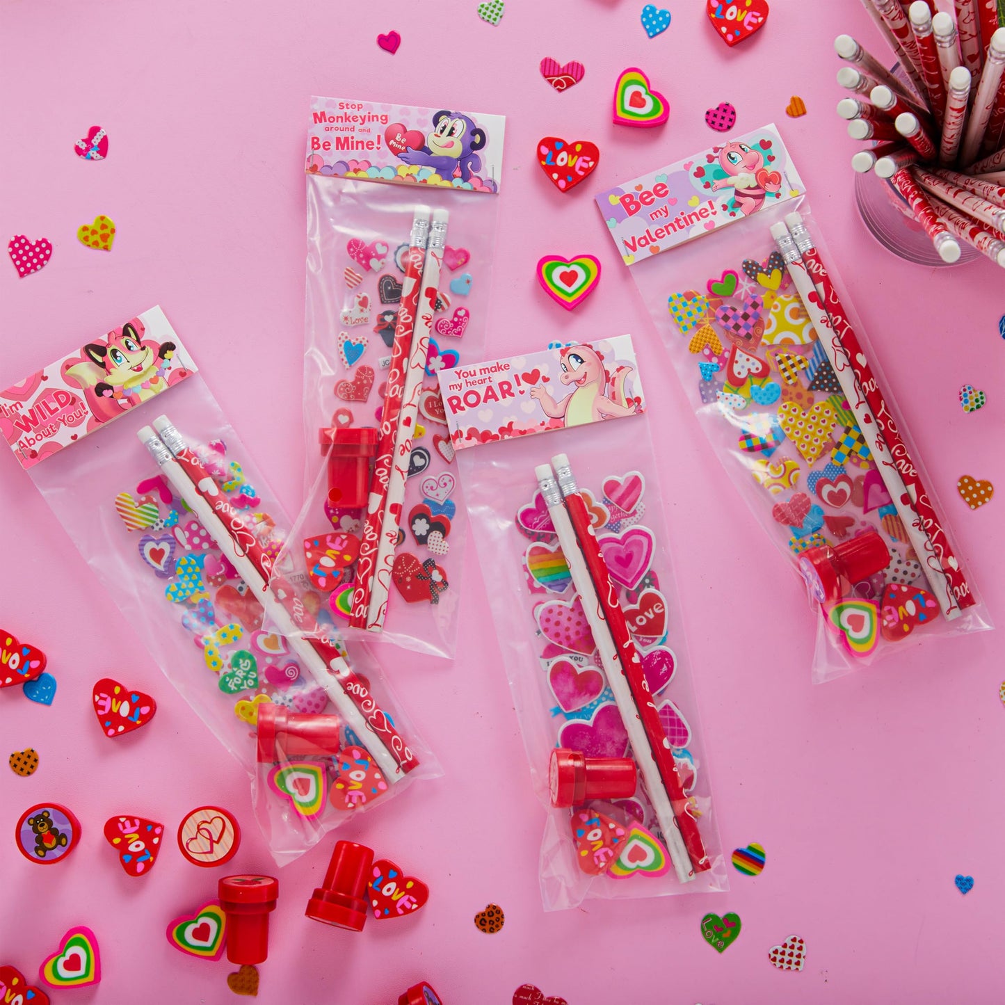 JOYIN 24packs Valentines Day Stationery Gifts, 96pcs Party Favor with Pencil, Erasers, Notebook & Bags for Kids School Classroom Exchange Supplies