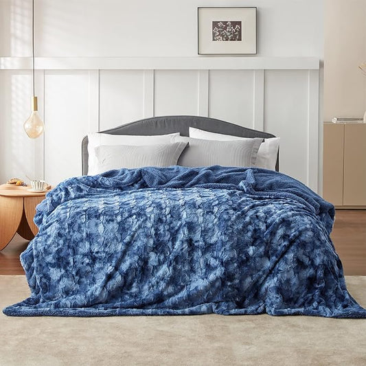 Bedsure Sherpa Blanket Queen Size - Soft, Fuzzy & Fluffy Faux Fur - Warm, Cozy Blanket for Couch, Sofa and Bed, Tie Dye Design, Indigo, 90x90 Inches