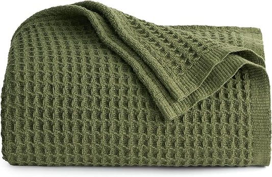 Bedsure 100% Cotton Blanket Twin XL Size for Bed - Breathable and Soft, Waffle Weave Blanket for Summer Spring, Olive Green, 66x90 inches