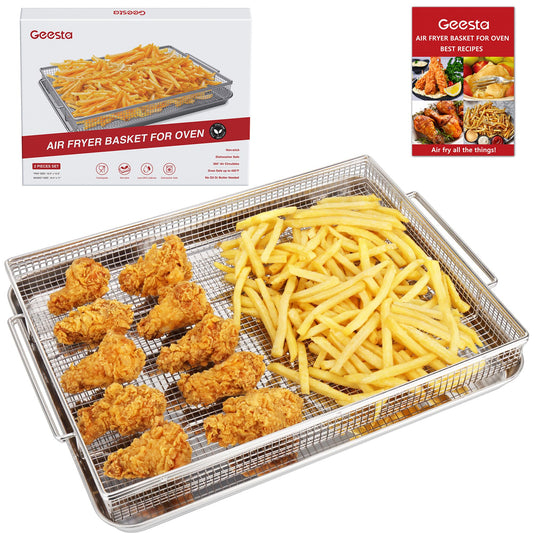 Air Fryer Basket for Oven with 50 Recipes, Extra Large 2 Piece Nonstick Crisper Tray & Basket, Stainless Steel Air Fryer Accessories for Crispy Foods Healthy Cooking, Dishwasher Safe, 16.5” x 12.5”
