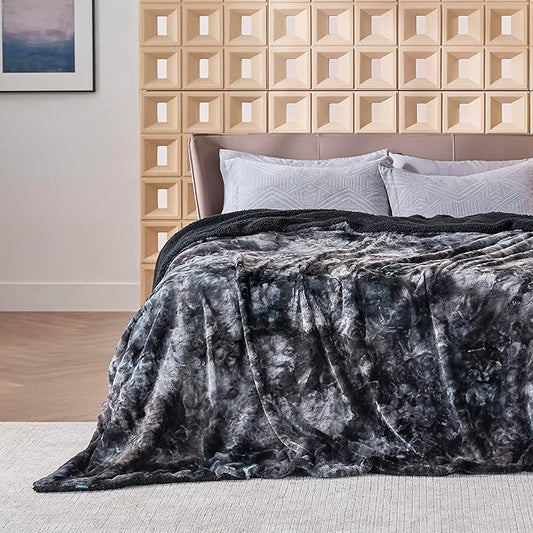 Bedsure Sherpa Blanket Queen Size - Soft, Fuzzy & Fluffy Faux Fur - Warm, Cozy Blanket for Couch, Sofa and Bed, Tie Dye Design, Black, 90x90 Inches