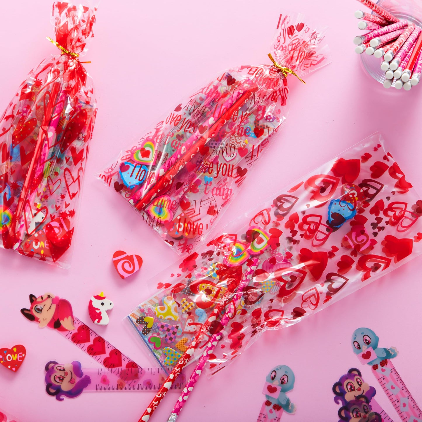 JOYIN 24packs Valentines Day Stationery Gifts, 96pcs Party Favor with Pencil, Erasers, Notebook & Bags for Kids School Classroom Exchange Supplies