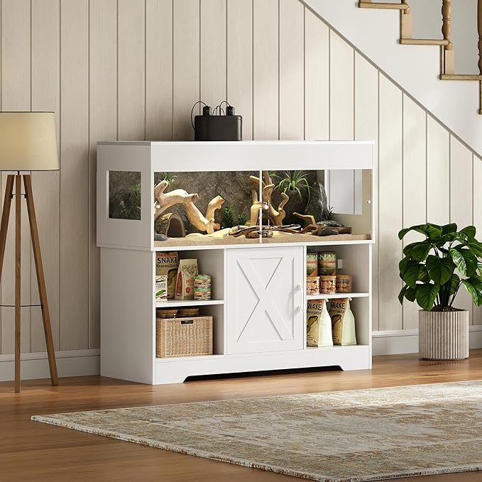 60 Gallon Reptile Tank with Stand, Terrarium Tank with Storage Cabinet, for Lizards, Skinks, Snakes, Sliding Acrylic Doors, Mesh Top, Built-in Power Outlet White PX02RTW