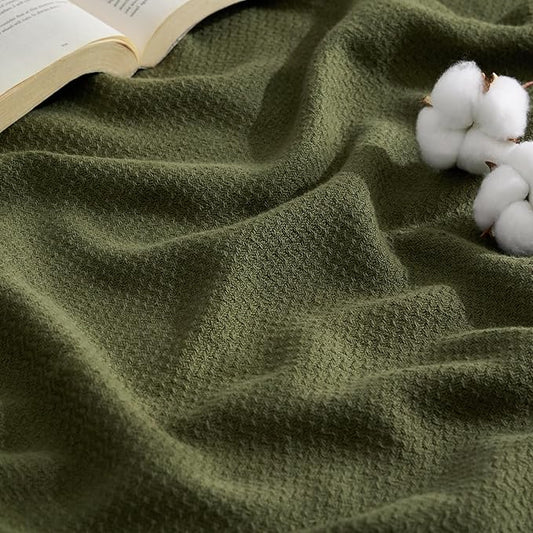 Bedsure 100% Cotton Large Blanket Oversized King for Bed 120x94 inches - Breathable Soft Cozy Herringbone Woven Blanket for Summer Spring, Couch Cover, Olive Green