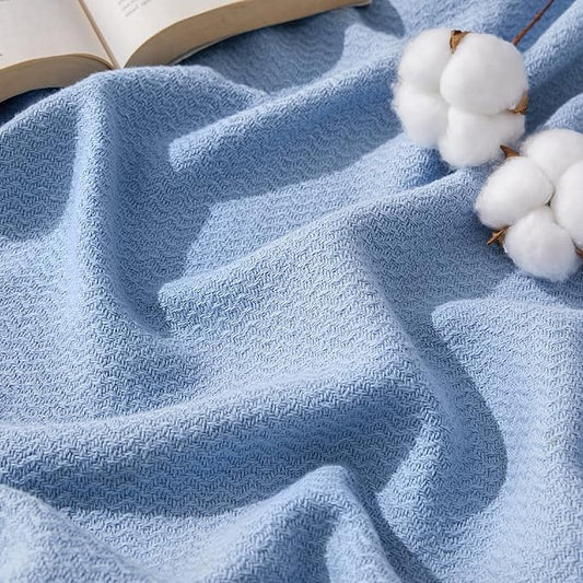 Bedsure 100% Cotton Blanket Queen Size for Bed - Breathable and Lightweight, Soft Cozy Textured Herringbone Woven Blanket for Summer Spring, Ashley Blue, 90x90 inches