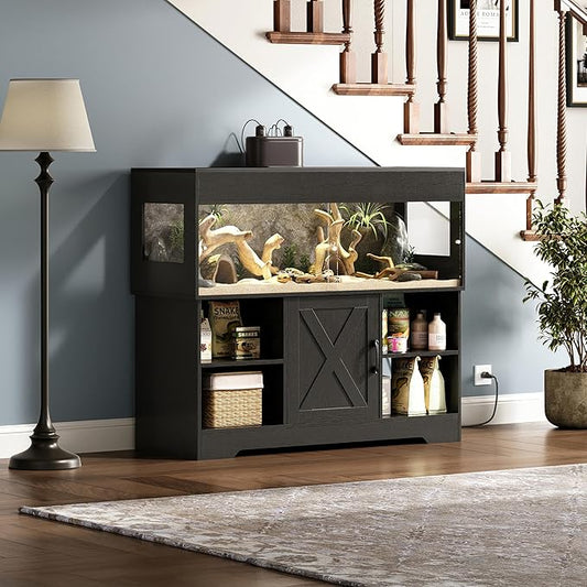 60 Gallon Reptile Tank with Stand, Terrarium Tank with Storage Cabinet, for Lizards, Skinks, Snakes, Sliding Acrylic Doors, Mesh Top, Built-in Power Outlet Black PX02RTB